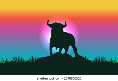 Bull silhouette on rainbow landscape background illustration. Vector graphic eps 10.