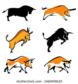 Bull silhouette. Ox. Vector template image isolated on white background. Symbol of chinese lunar horoscope 2021. Different style set sketch illustration