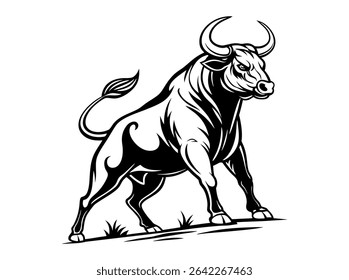 silhueta de touro de pé em um afloramento rochoso, touro em uma pose dinâmica, adequado para design de logotipo, mercadorias, ou qualquer projeto que precise de um elemento visual forte, silhueta, animal, energia, mercado de ações, ve