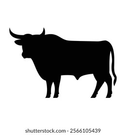 Bull Silhouette Vector: Bold black bull profile with prominent horns and muscular build. Perfect for logos, branding, and designs. 