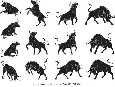 Bull Silhouette Vetor Set Forte Agressivo Bulls em várias postes para design