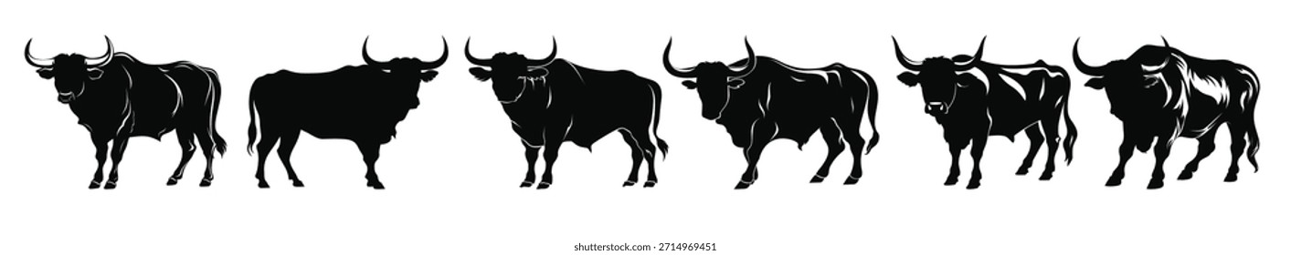 Juego de Vector negro de las siluetas de los toros Silueta de los toros americanos