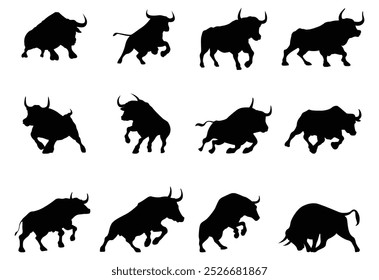 Bull silhouettes set—stylized silhouettes of standing in different poses and butting up bulls.