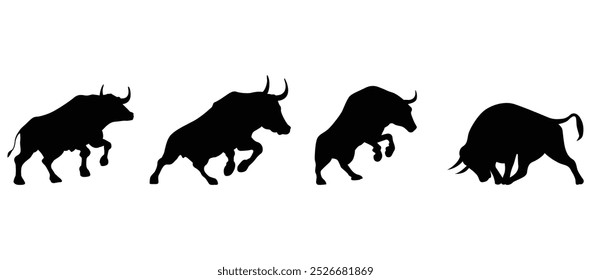 Bull silhouettes set—stylized silhouettes of standing in different poses and butting up bulls.