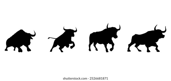 Bull silhouettes set—stylized silhouettes of standing in different poses and butting up bulls.