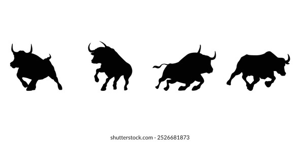 Bull silhouettes set—stylized silhouettes of standing in different poses and butting up bulls.