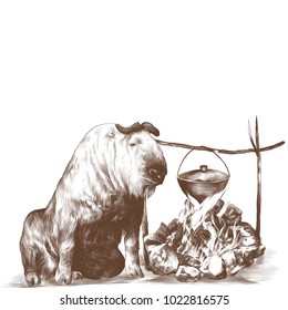 bull sits near a fire surrounded by stones and a bowler that hangs on rods, sketch vector graphics monochrome pattern