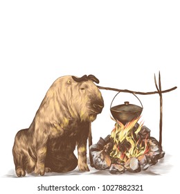 bull sitting by the fire surrounded by stones and pot which hangs on the bars, sketch vector graphics color picture