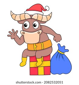 bull is sitting celebrating christmas as santa claus, vector illustration art. doodle icon image kawaii.