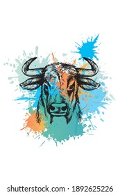 Bull Sketch. Colorful Sublimation On White Background