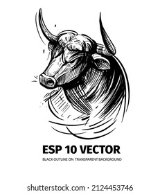 Bull sketch. Vector illustration black outline on transparent background