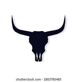 Bull skull black icon. Buffalo head with shadow vector illustration isolated on white. Animal skull with horns. Texas animal head symbol. Dangerous sign.
