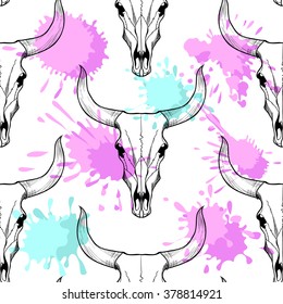 Bull skull and and blots . Vector seamless pattern