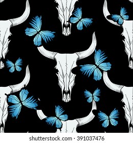 Bull skull and blue butterfly on black background. Vector seamless pattern
