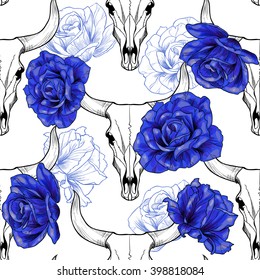 Bull skull and  blue roses on white background. Vector seamless pattern