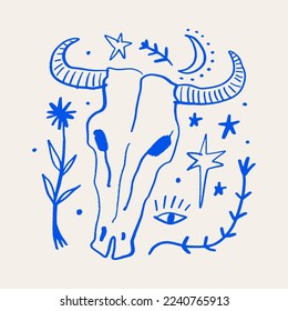 Bull skull boho vector artistic abstract modern art, sacred western minimalist artisan hand drawn silhouette, mystical spell desert aesthetics bohemian hippie concept