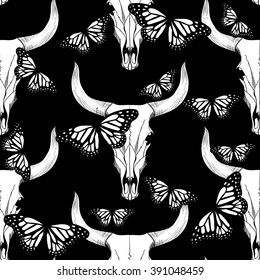 Bull skull and butterflies on black background. Vector seamless pattern