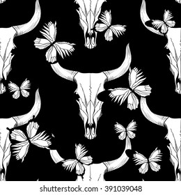 Bull skull and butterfly on black background. Vector seamless pattern