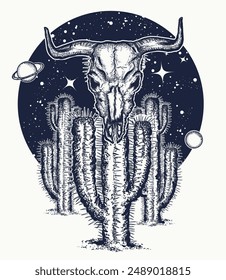 Bull skull, cactus, universe, moon and night desert tattoo. Sacred adventure, esoteric symbol of western, hot travel