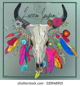 bull skull with colorful necklace in boho style