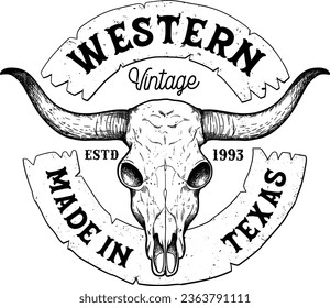 Bull skull for cowboy and western logos, Vintage western logo illustration, Texas Longhorn, Country Western Bull Cattle Vintage Label Logo Design