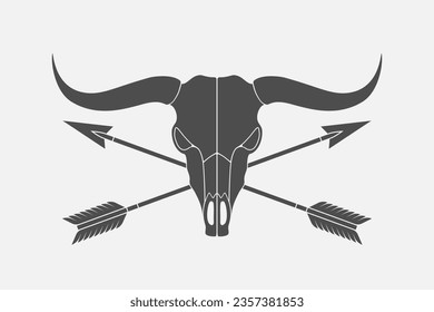 Bull skull and crossed two arrows graphic badge. Isolated sign on white background. Vintage symbol. Vector illustration
