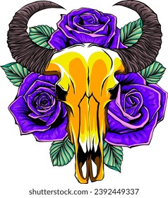 Bull skull decorated with foliage and flowers. Vintage bohemian style. Vector illustration.