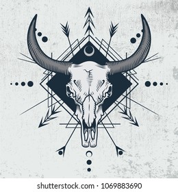 Bull skull in engraving graphic technique. Vector illustration of bull skull with sacred geometry shapes on grunge background. Good for posters, t-shirt prints, tattoo design.