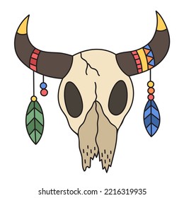 Bull skull with ethnic decoration. Dead cow head as trophy. Cartoon western vector illustration