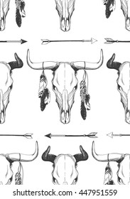 Bull skull with feathers and arrows. Native American Indian talisman. Hand drawn hipster background. Seamless vector pattern. Boho design, tattoo art, coloring book for adults.