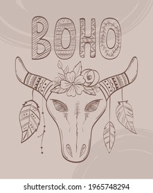 bull skull feathers boho lettering