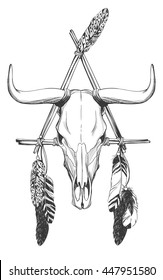 Bull skull with feathers and dreamcatcher. Native American Indian talisman. Vector hand drawn hipster illustration isolated on white background. Boho design, tattoo art, coloring book for adults.