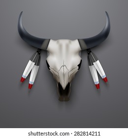 Bull skull with feathers. Indian totem. Vector Illustration isolated on white background. Animal bones