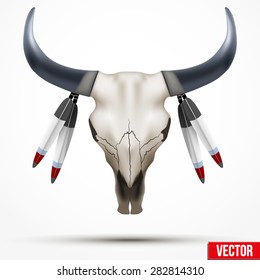 Bull skull with feathers. Indian totem. Vector Illustration isolated on white background. Animal bones