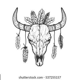 Bull skull with feathers native Americans tribal style. Dotted Tattoo blackwork. Vector hand drawn illustration. Boho design