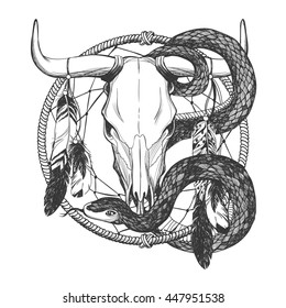 Bull skull with feathers, snake and dreamcatcher. Native American Indian talisman. Vector hand drawn hipster illustration isolated on white background. Boho design, tattoo art, coloring book.