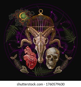 Bull skull, fish bone, moon, golden cage and anatomical heart. Occult and esoteric concept. Dark gothic template for clothes, textile. Alchemy style. Black magic illustration. Tarot card art 
