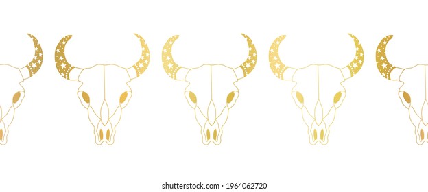 Bull skull gold foil seamless vector border. Cow skulls repeating horizontal pattern line art metallic golden texture. Use for Boho decor, cards, footer, header, Wild West cowboy, cowgirl
