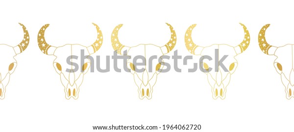 Bull skull gold foil seamless vector border. Cow\
skulls repeating horizontal pattern line art metallic golden\
texture. Use for Boho decor, cards, footer, header, Wild West\
cowboy, cowgirl