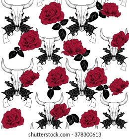 Bull skull, guns, and roses. Vector seamless pattern