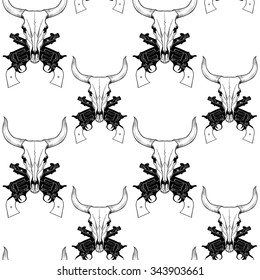 Bull skull and guns vector seamless pattern