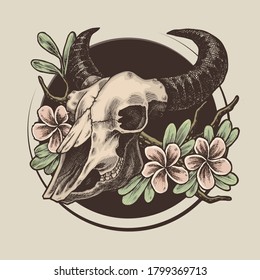 bull skull handdrawn tattoo design vintage vector illustration