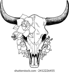 Bull skull head with rose flower illustration drawing. Boho Bull floral draw design