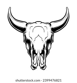 Bull skull head skeleton. Cowboy Native American illustration and tshirt design