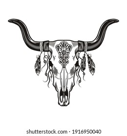 Bull skull with horns tattoo design. Monochrome element with dead animal head and red Indian feathers vector illustration. Ethnic culture concept for symbols and labels templates