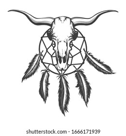 Bull skull and indian dream catcher tattoo. Native american elements Tattoo in engraving style. Vector illustration.