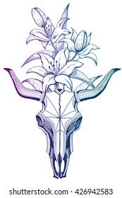 Bull skull and lilies, tribal tattoo, boho style, isolated on white