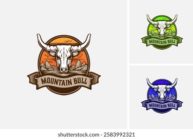 Bull skull logo Mountain Bull suitable for outdoor apparel, adventure brands, western themes, ranches, and sports teams merchandise. EPS layered vector