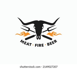 Bull Skull with LongHorn Logo. Skull Barbecue and Grill Logo Template.