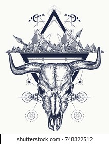 Bull skull and mountains. Shamanism. Soul of prairies tattoo and t-shirt design 